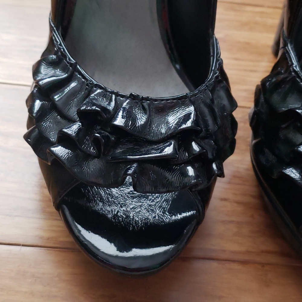 Black Patent Ruffle Peep Toe - Picture 7 of 8